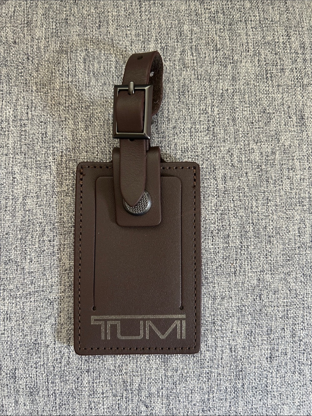 New Tumi Dark Brown Leather Luggage Tag with Buckle Strap